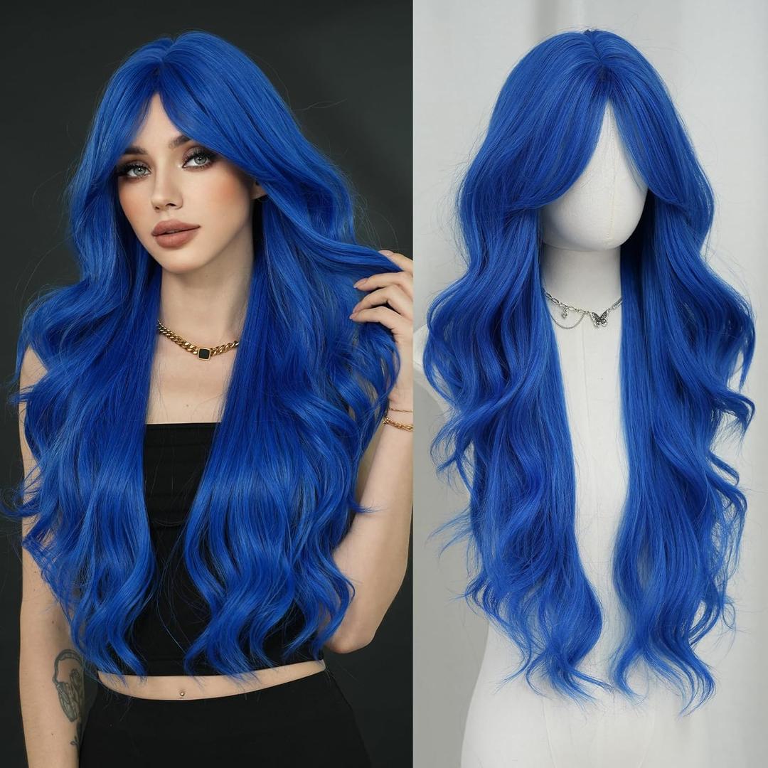 7JHH WIGS Blue Long Water Body Wavy Wigs with Curtain Bangs 31in Natural Heat Resistant Synthetic Fiber Midlle Part Women Long Curly Blue Wigs for Chrismas Daily Party Daily Used