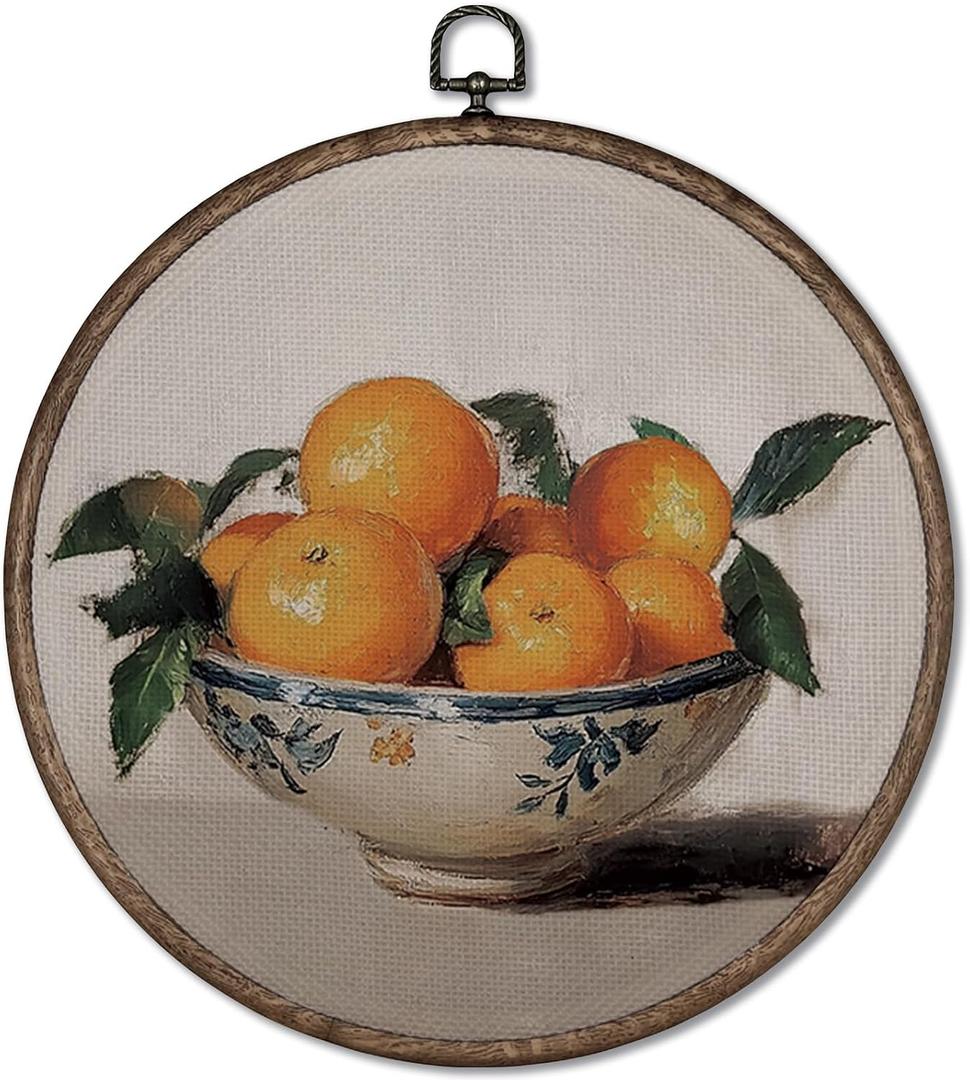 GWFSJYU Antique Orange Fruit Framed Wall Art Decor, Vintage Oranges Fruit Round Canvas Prints Wall Art, Farmhouse Oranges Art Hanging Decor for Kitchen Dining Living Room, 10x10inch