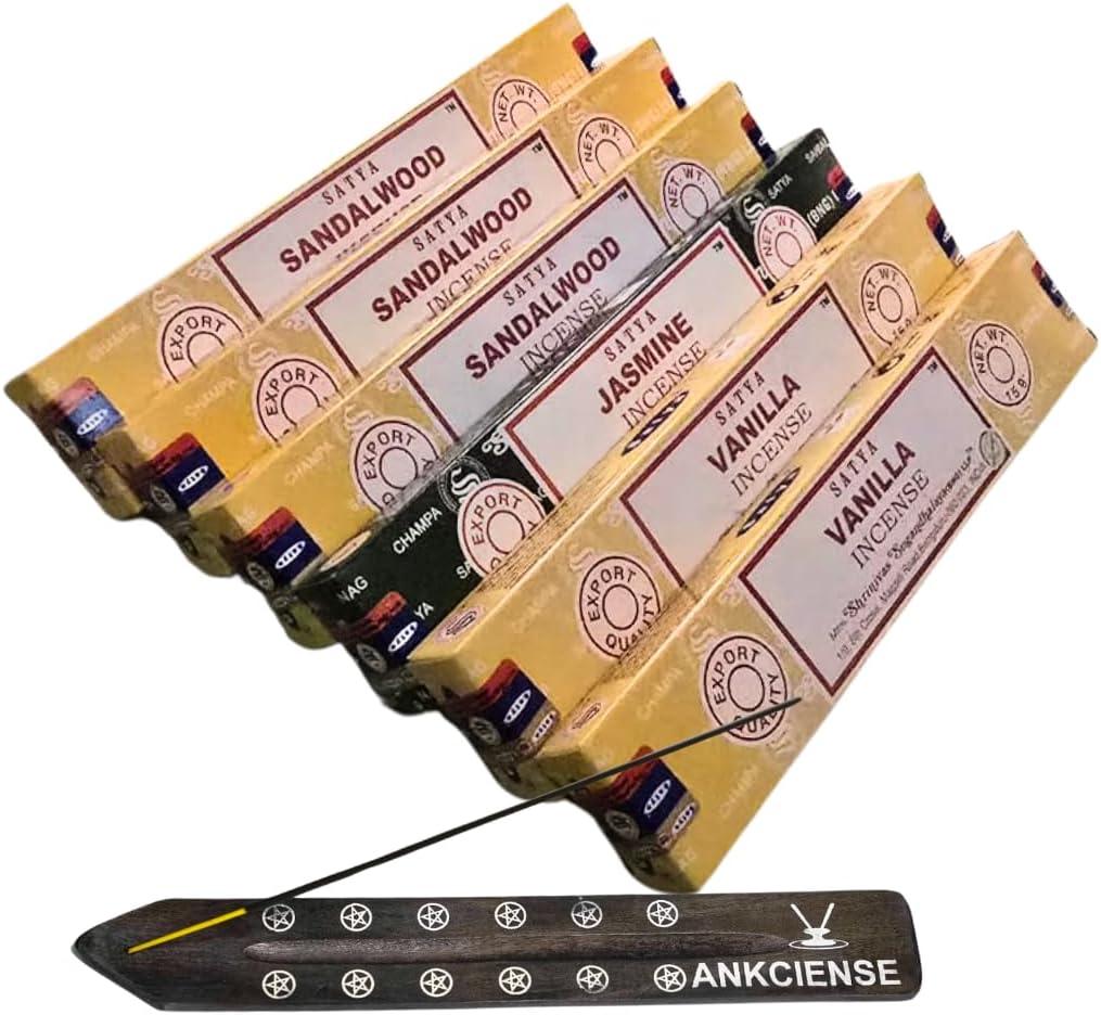 Satya with ANKCIENSE Incense Holder Pack of 3 fragrances Variety Pack of 90 Sticks. (Sandalwood, Vanila & Jasmine)