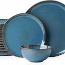 Stoneware Dinnerware Sets for 8, Reactive Glaze Plates and Bowls, Blue | 24-Piece Handcrafted Rustic Porcelain Dishes Set, Highly Scratch Resistant, Dishwasher & Microwave Safe