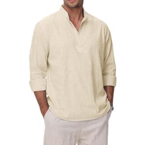 Cotton Linen Shirts for Men Lightweight Casual Long Sleeve Henley Beach Hawaiian Tops (Yellow, S)