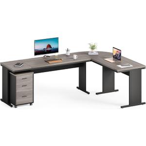 LITTLE TREE 82.67" Long Executive Desk with Drawers, Large L-Shaped Office Desk with Mobile File Cabinet, Farmhouse Computer Office Furniture Work Desk with Storage for Home Office, Gray
