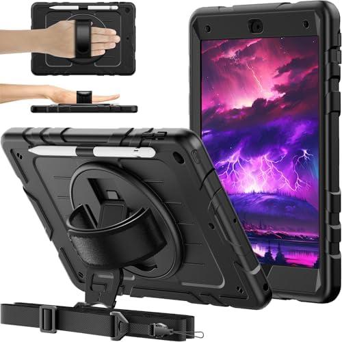 BJF for iPad 9th/8th/7th Generation case 10.2 inch，Heavy Duty Full-Body Shockproof Protective case with Pencil Holder Built-in 360° Rotating Hand Strap.2021-2019 (Black)