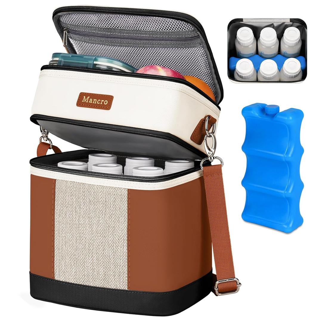 Mancro Breast milk Cooler Travel Bag Fits 6 Bottles Up to 9 OuncesDouble Layer Baby Bottle Cooler Bag with Ice PackInsulated Baby Bottle Bags for Daycare & Nursing Moms,Black and Brown
