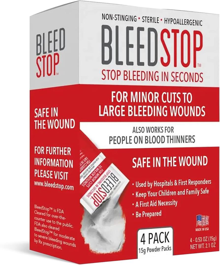 BleedStop First Aid Powder for Blood Clotting, Trauma Kit, Blood Thinner Patients, Camping Safety, and Survival Equipment for Moderate to Severe Bleeding Wounds or Nosebleeds - 4 (15g) Pouches BleedStop First Aid Powder for Blood Clotting, Trauma Kit, Blood Thinner Patients, Camping Safety, and Survival Equipment for Moderate to Severe Bleeding Wounds or Nosebleeds - 4 (15g) Pouches
