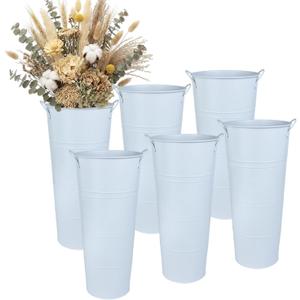 vensovo Metal Flower Bucket Vase, 15 Inch Tall Pure White Rustic Farmhouse Centerpiece for Spring Home Decor & Wedding, Set of 6