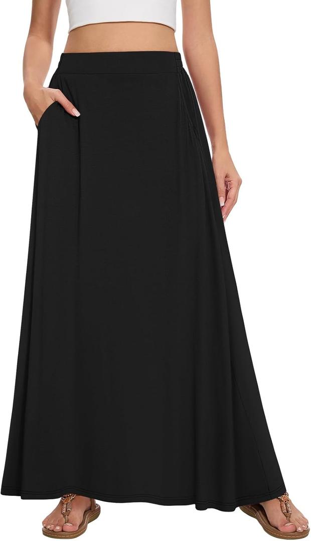 Womens Maxi A-line Long Skirt Casual 2026 Elastic High Waist Flowy Skirts with Pockets (Black, S)