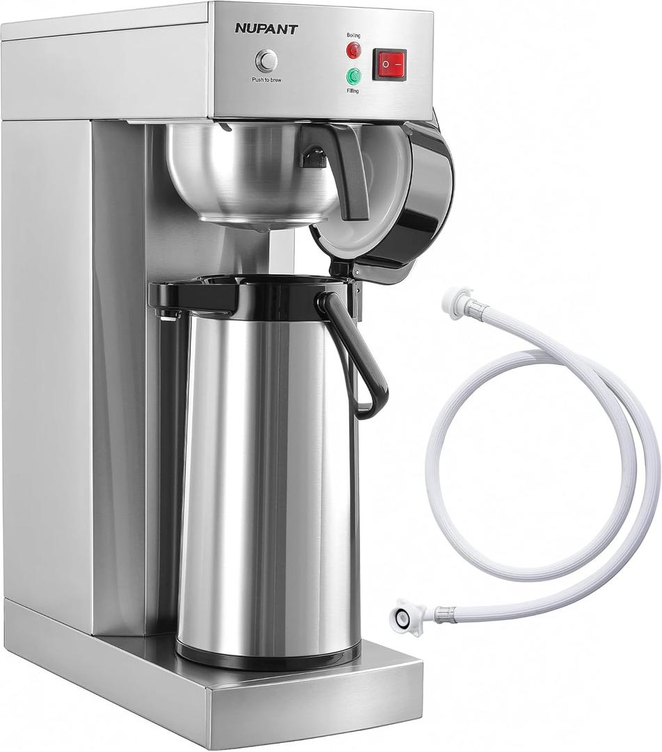 NUPANT Auto-Filling Commercial Airpot Coffee Brewer 2.2L/74oz Dirp Coffee Maker Machine with 24 Hours Hot Thermal Carafe Stainless Steel Pour Over Coffee Dispenser 120V/1450W for Restaurant