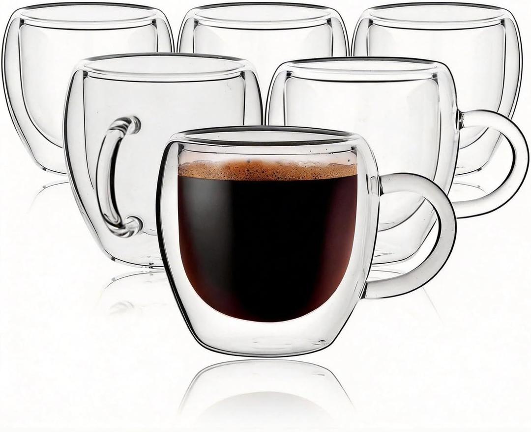 2.5oz Espresso Cups Set of 6, Small Expresso Coffee Cup, Expresso Shot Glass with Handle, Double Wall Insulated Espresso Mugs,Tazas de Cafe Expreso, Fit for Espresso Machine Accessories, Clear