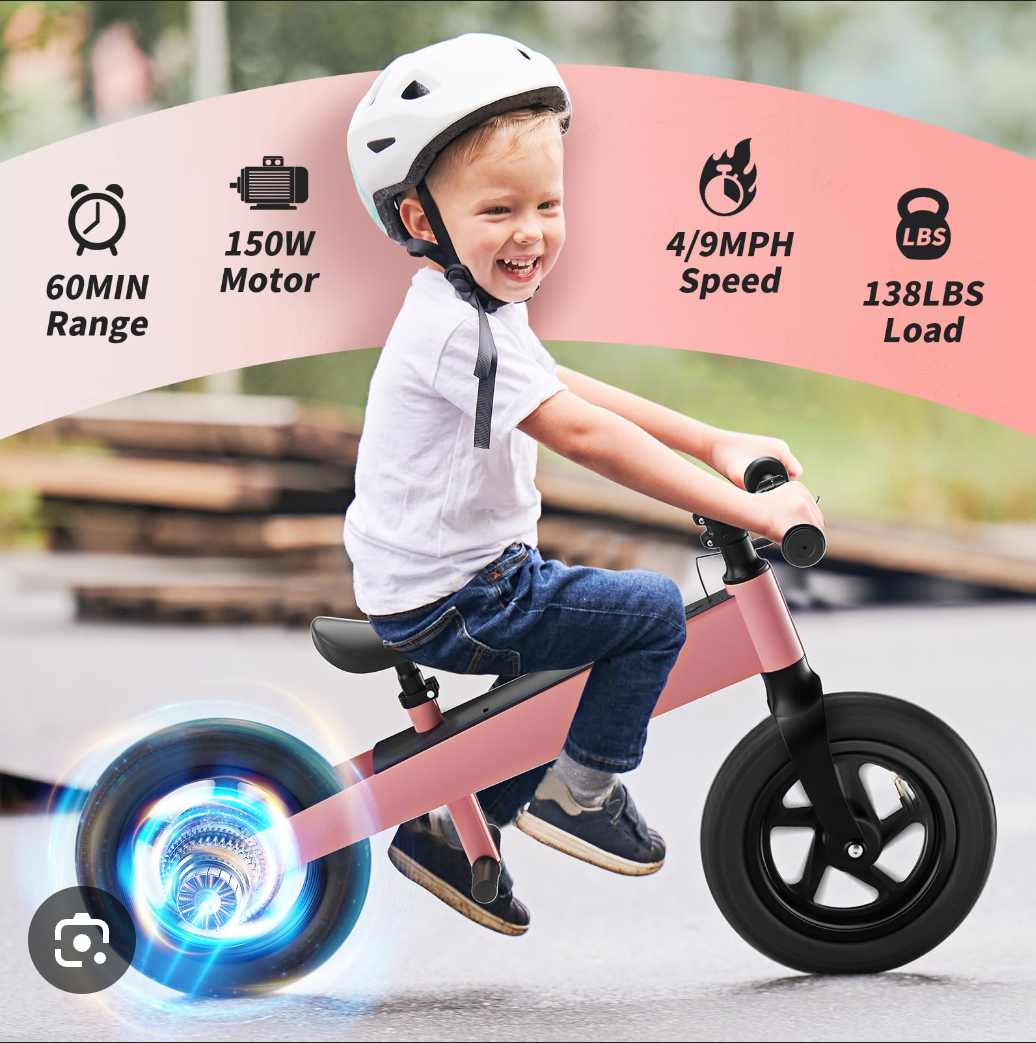 Electric Bike for Kids, Electric Balance Bike for Ages 3-8 Years Old,Kid Electric Motorcycle with 2 Speed Modes,Push-Button Brakes,12 Inch Dirt Off-Road Tire and Adjustable Seat Pink