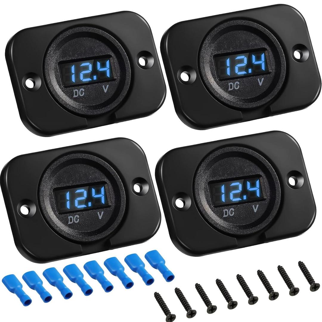 Frienda 4 Pieces Dc 12v 24v Voltage Meter LED Digital Car Voltmeter Vehicle Voltage Gauge Waterproof Voltmeter Panel and Mounting Plate with Terminals for Boat Vehicle Motorcycle Truck ATV Utv(Blue)