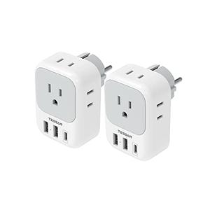 TESSAN 1 Pack Type E F Plug Adapter USB C, Germany France Power Adaptor with 3 USB Charger Ports, 4 AC Outlets Travel Plug for US to Europe EU Spain Iceland Korea Greece Russia German French