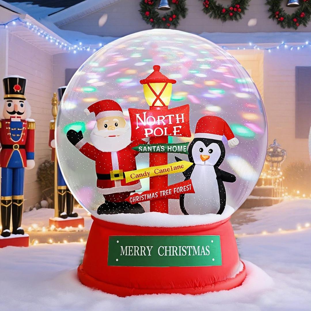 Juegoal Christmas Inflatables Decorations Outdoor, 6FT Inflatable Xmas Snow Globe with Builtin Rotating Lights, Lighted Blow Up Santa & Penguin in Snowing Globe for Holiday Winter Lawn Yard Garden