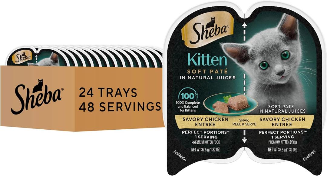 Sheba Perfect Portions Kitten Wet Cat Food Pate Chicken Entree, 2.6 oz. Twin-Pack Trays (24 Count, 48 Servings) BB 05/18/2027