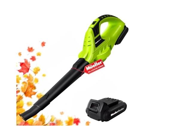 Mueller UltraStorm Cordless Leaf Blower, 20 V Powerful Motor, Electric Leaf Blower for Lawn Care, Battery Powered Leaf Blower Lightweight for Snow Blowing (Battery & Charger Included) Green