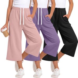 3 Pack Girls Wide Leg Capri Sweatpants | Drawstring Waist, Cropped Length, Pockets, Casual, Active, Soft, Comfortable, Loose Fit, School, Playwear, Daily Wear