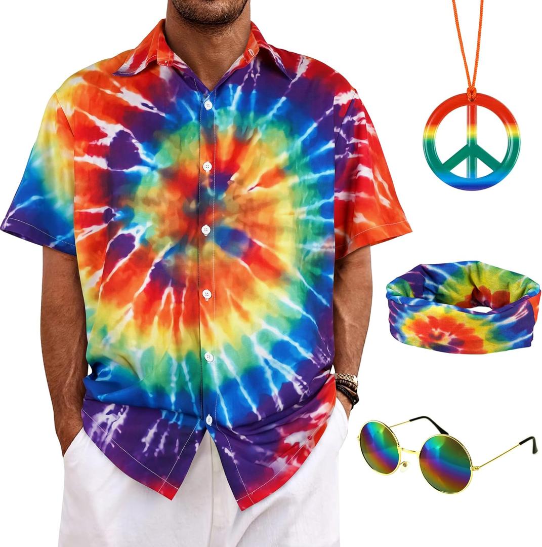 4 Pieces Hippie Costume Set,Tie Dye Button Down Shirt Set,Tie Dye Headband,Rainbow Sunglasses,Peace Sign Necklace (XXXL)