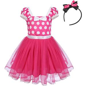IBTOM CASTLE Girls' Polka Dots Princess Party Cosplay Pageant Fancy Costume Tutu Birthday Dress Up+Ears Headband (12-18 Months, Rose)