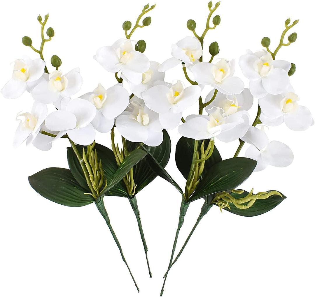 HUIANER Artificial Phalaenopsis Flowers 8 Pcs, 15 Fake Silk Orchids with Stem Leaves for Valentine's Day Home Office Wedding Party Dcor (White)
