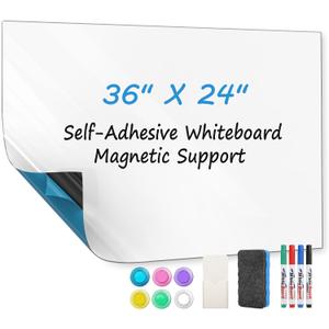 MaxGear 36"x24" Magnetic Whiteboard Sticker for Wall, Self-Adhesive Dry Erase Board with Markers, Magnets, Holder & Eraser, Flexible PET Surface, Easy to Install, for Home Office School