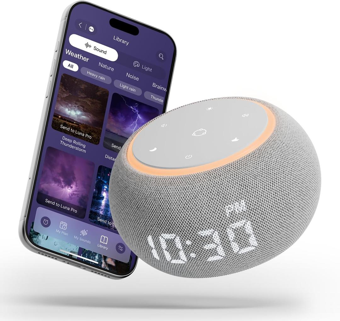 White Noise Sound Machine for Sleep, Dual-Stage Alarm&Snooze, Smart App Control, Custom Buttons, 500+ Non Looping Soothing Sounds, Dimmable Clock, Timer, Night Light, Lullaby, for Baby Adults Kids (Grey)