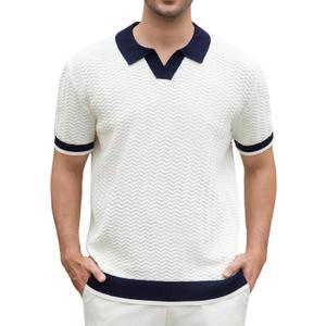 Alex Vando Mens Knit Polo Shirts Short Sleeve Johnny Collar Golf Shirts | Rayon Blend, Soft touch, V-neck, Airy breathable weave, Sleek refined silhouette, Suitable for workplace & outdoor trips (White, XL)