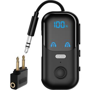 Bluetooth 5.4 Transmitter Receiver for 2 AirPods/Headphones, 2-in-1 Airplane Bluetooth Adapter with Mic for Hands-Free Calls, Low Latency, Wireless Audio Adapter for Travel Flight TV Speakers (Black)