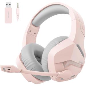 BINNUNE 2.4GHz Wireless Gaming Headset, Bluetooth 5.3 Gaming Headphones with Noise Canceling Mic, 120H Ultra-Long Battery, 50mm Drivers, Multi-Platform for PC / PS5 /PS4/ Switch/Mobile, Pink