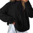 Trendy Queen Women's Oversized Cable Knit Crewneck Sweaters (Black)