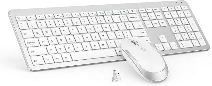 Wireless Keyboard and Mouse Combo  Full Size Slim Thin Wireless Keyboard Mouse with Numeric Keypad 2.4G Stable Connection Adjustable DPI (White & Silver)