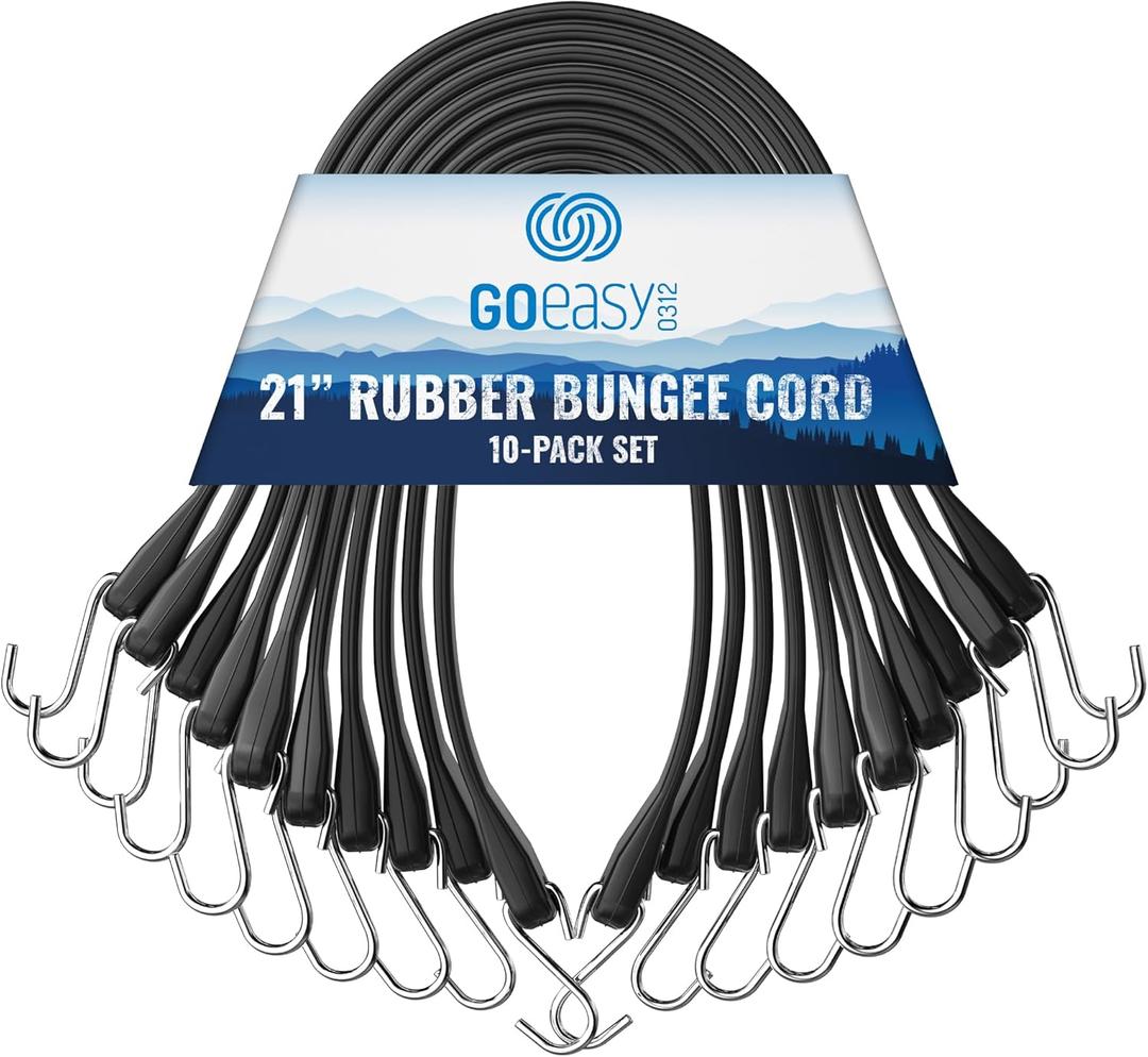 GOEASY0312 Rubber Bungee Cords with Hooks Heavy Duty 21" - for Outdoor Extreme Weather, Over 180 LBS Load & Max Stretch 1.8X, 100% EPDM Bungee Straps with S Hooks, 10 Pack for Cargo, Tarps, Trucks