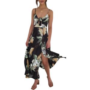 Fashionme Women Spaghetti Strap Midi Satin Dresses Tie Front Backless Split Hollow Dress (Small)