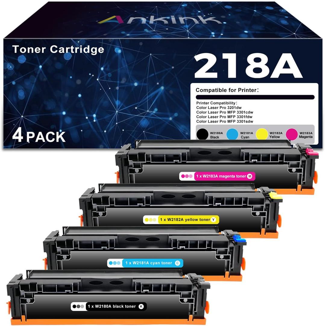 218A Toner Cartridges 4 Pack (with Chip) Compatible Replacement for HP 218 A W2180A 218X W2180X Work with Color Laserjet Pro 3201dw MFP 3301fdw 3301sdw 3301cdw Printer (Black Cyan Yellow Magenta) 218A Toner Cartridges 4 Pack (with Chip) Compatible Replacement for HP 218 A W2180A 218X W2180X Work with Color Laserjet Pro 3201dw MFP 3301fdw 3301sdw 3301cdw Printer (Black Cyan Yellow Magenta)