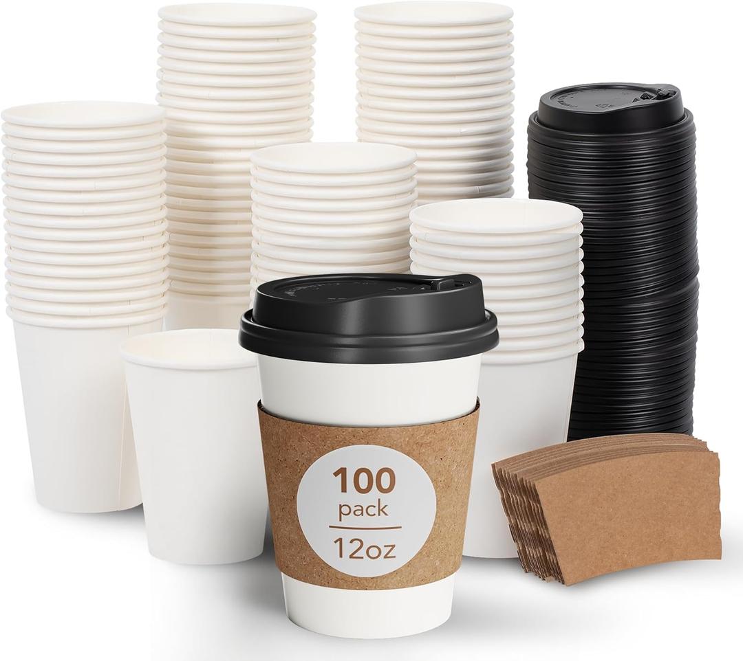 DAILYLIFE 12oz Disposable Coffee Cups with Lids and Sleeves- 100 Pack, Premium Thickened, Leak-Proof Paper Cups for Hot Drinks, To Go Coffee Cups for Family, Office, Parties, Travel