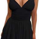 eoeoo Women's Sexy V Neck Ruffled Hem Mesh Sleeveless Ruched Spaghetti Strap Flowy Mini Dress (Black, S)