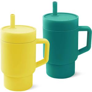 DLOCCOLD Silicone Straw Cup, Adorable Miniature Tumbler with Straw Handle, Tumbler Cup, 10oz, Easy to Clean (Beige) 2 Packs