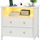 27 Inch Wide Night Stand, Large Wood Night Stand with 2 Drawers, LED Nightstand with Charging Station and Adjustable Drawer, Bedside Table for Living Room/Bedroom/Study/Office, White