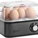 Annie & Mia Design Stainless Steel Electric Rapid Egg Cooker, 8 Egg Capacity 500W, Soft/Medium/Hard Boiled Egg Boiler Poacher Steamer Omelet Maker, Knob Auto Shut-Off, with Recipe Guide Book (Black)