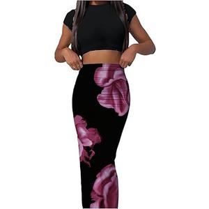 Milumia Women's Two Piece Set Floral Fitted Crop Top Tee and Bodycon Maxi Skirts S
