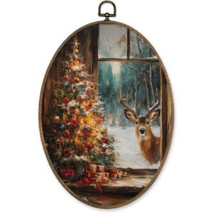 KVEKVE Vintage Winter Oval Framed Wall Art, Winter Rustic Farmhouse Decor,Farmhouse Xmas Cozy Snowy Hanging Canvas Prints Birthday Gifts For Women,Housewarming Gifts,Bedroom Living Room