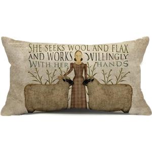 Farmhouse Sheep Throw Pillow Cover 12x20 Inch Vintage Farm She Seeks Wool and Flax Quotes Decor Lumbar Decorative Throw Pillows Cases Decorations for Couch Sofa Living Room