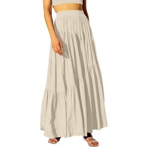 ANRABESS Womens Boho Elastic High Waist Pleated A-Line Flowy Swing Asymmetric Tiered Maxi Long Skirt Dress with Pockets (Medium)