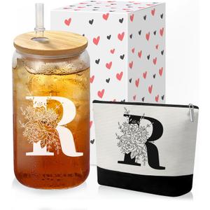 Custom Glass Cup & Makeup Bag Set - Personalized Gifts for Women, Initial 16 oz Glass Tumbler with Lid & Straw, Monogram Makeup Bag - Birthday Gifts For Women, Mother's Day Presents(R)