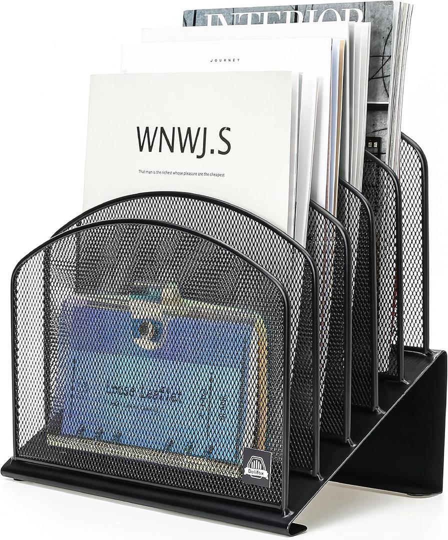 Inclined Desk File Organizer, 5-Section Vertical File Folder Holder Stand Metal Rack File Sorter for Office Classroom Desktop Organization (Black, 1Pack)