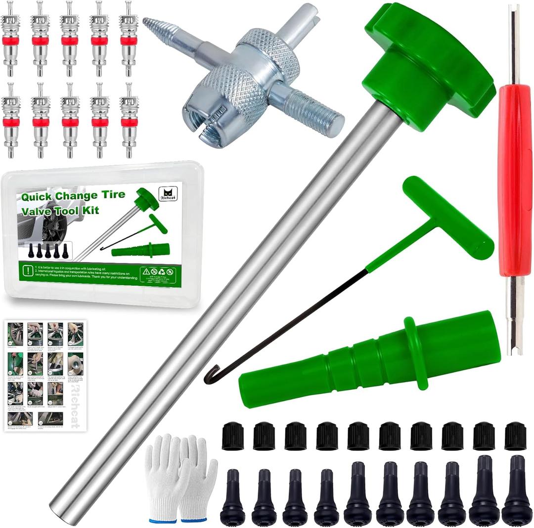 Richcat 51025 Quick Tire Valve Change Tool for Cars,Tire Valve Stem Core Quickly Replacement Tool Kit,Perfect Tool for Replacing Leaky Valves in Cars,ATVs,Trucks, etc.with TR413/TR414/TR418 (Set B)