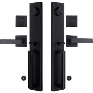 Double Door Handle Set, Matte Black Double Door Handle Set, Iron Black Front Double Door Handleset, Reversible for Both Right and Left, Modern Entry Handlesets for Front Doors with Keys