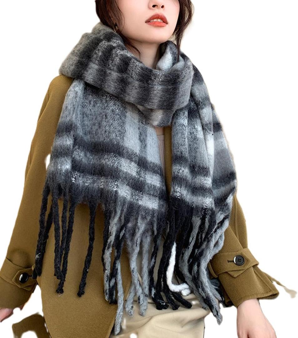 Wander Agio Winter Women Warm Scarf Long Shawl Large Scarves Cold Weather Thicker Blanket Wrap Colour Plaid Stripe (Black Grey 10)