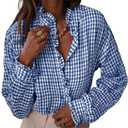 Astylish Women's Casual V Neck Dressy Button Down Shirts 2025 Fall Ruffle Checkered Shirt Tops Loose Long Sleeve Blouses Top Navy Blue Small