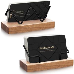 Amyhill 2 Pieces Wood Business Card Holder for Desk Wooden Business Card Display Stand Postcard Holder for Office Home Desktop (Light Wood Color, Black)