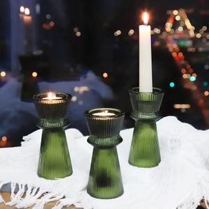 VOHO Green Christmas Candlesticks Holders for Decorations, Set of 3 Ribbed Candle Holders for Both Tapered & Tealight Candles, Classy Green Taper Candle Holders for Wedding Room Decor